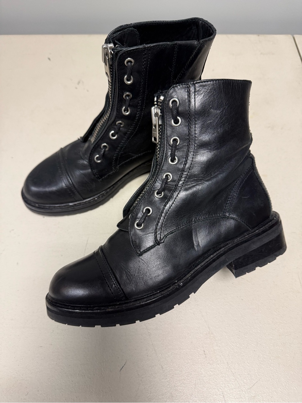 AllSaints Black Leather Zip Front Combat Boots
